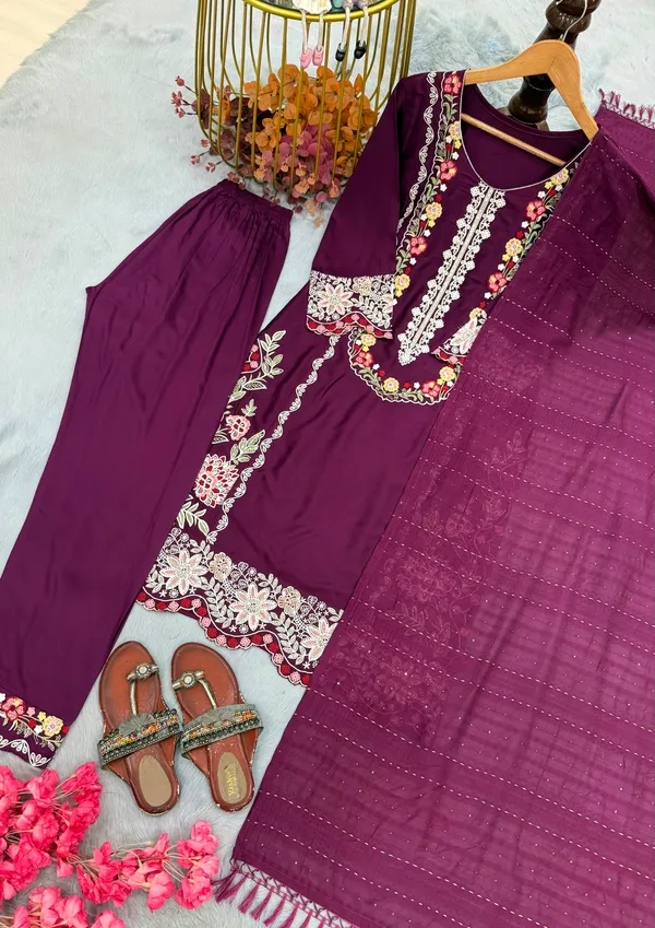 Rich_Wine_Satin_Rayon_Kurti_Pant_Set_With_Embroidered_Work