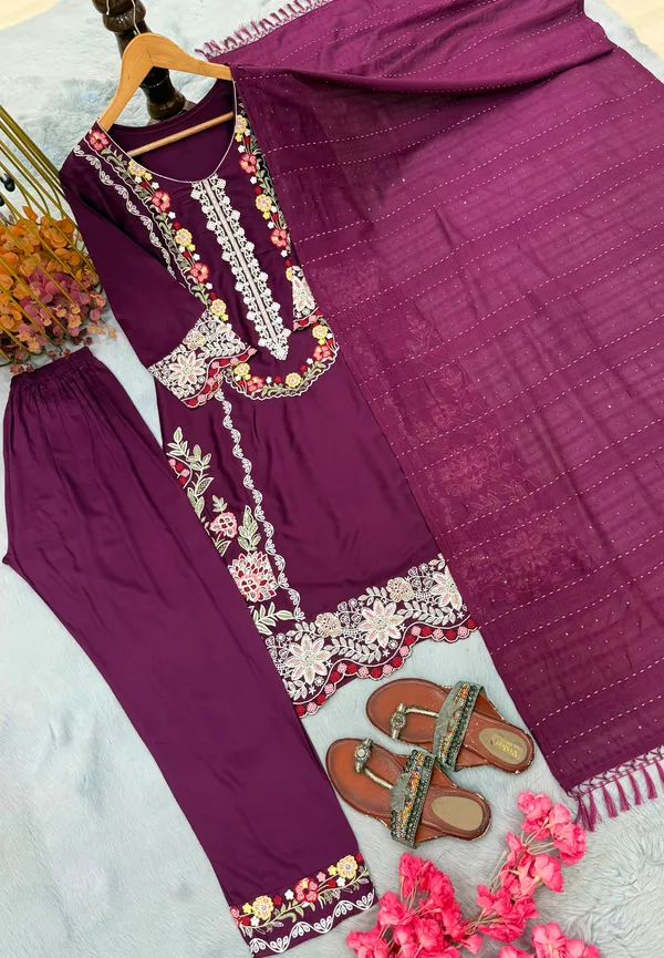 Rich_Wine_Satin_Rayon_Kurti_Pant_Set_With_Embroidered_Work