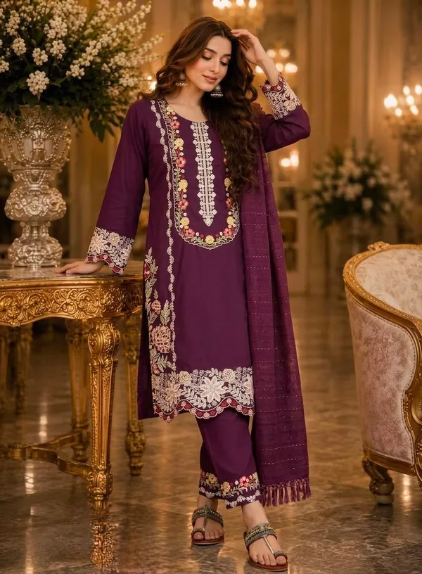 Rich_Wine_Satin_Rayon_Kurti_Pant_Set_With_Embroidered_Work