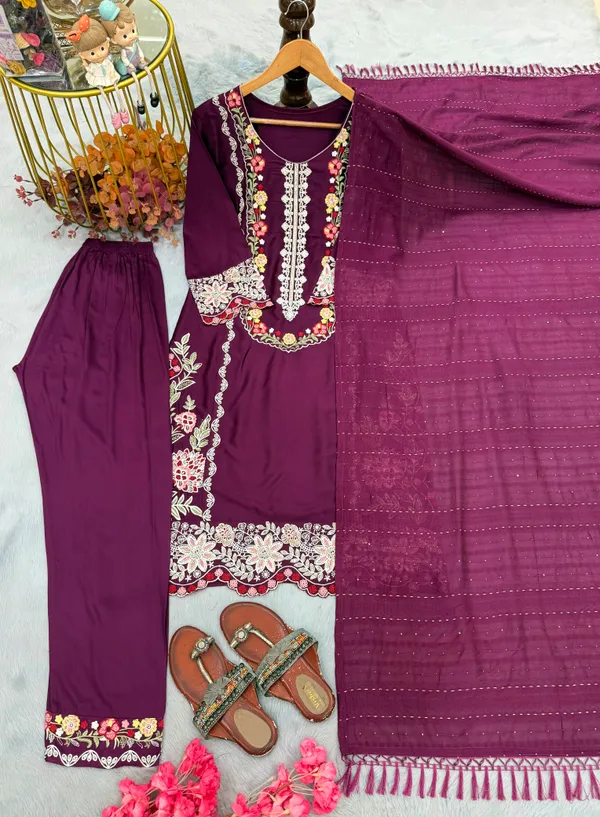 Rich_Wine_Satin_Rayon_Kurti_Pant_Set_With_Embroidered_Work