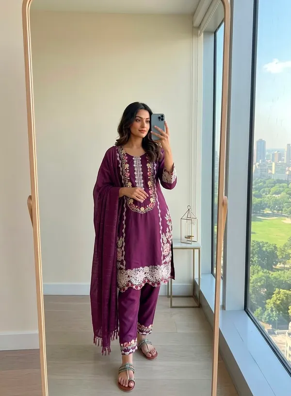 Rich_Wine_Satin_Rayon_Kurti_Pant_Set_With_Embroidered_Work