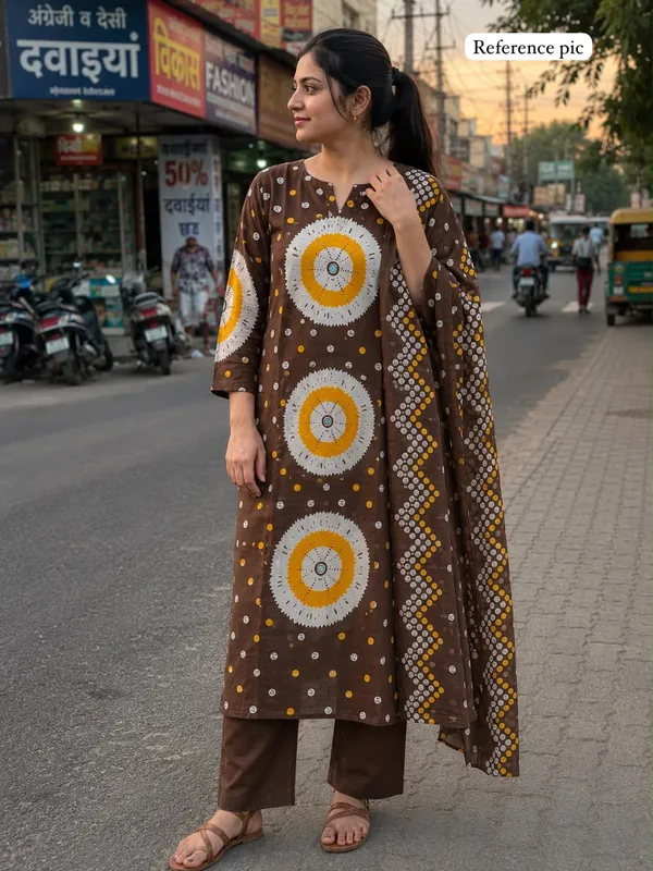 Brown_Bandhani_Print_Straight_Fit_Cotton_Kurti_Pant_with_Dupatta