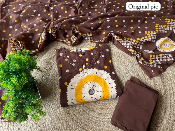 Brown_Bandhani_Print_Straight_Fit_Cotton_Kurti_Pant_with_Dupatta