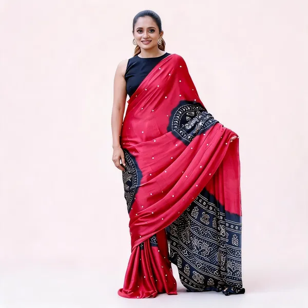 Women's_Ruby_Red_Pure_Modal_Silk_Saree_with_Black_Folk_Art_Border_&_Traditional_Tribal_Print_Designer_Pallu