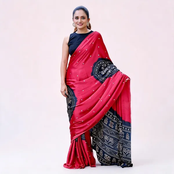 Women's_Ruby_Red_Pure_Modal_Silk_Saree_with_Black_Folk_Art_Border_&_Traditional_Tribal_Print_Designer_Pallu