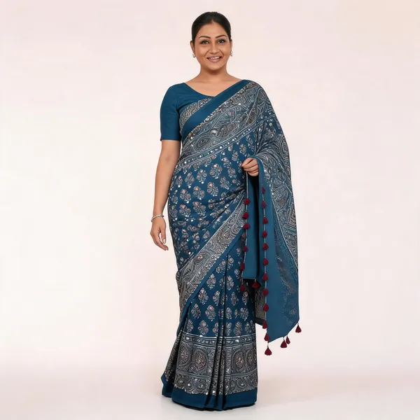 Women's_Steel_Blue_Modal_Silk_Saree_with_Ajrakh_Inspired_Traditional_Print,_Designer_Pallu_&_Matching_Blouse_|_Festive,_Office_&_Ethnic_Wear_Saree