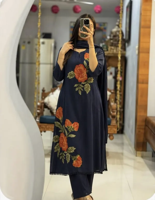 Premium_60x60_Cotton_Rose_Embroidery_Kurti_Pant_Dupatta_Set