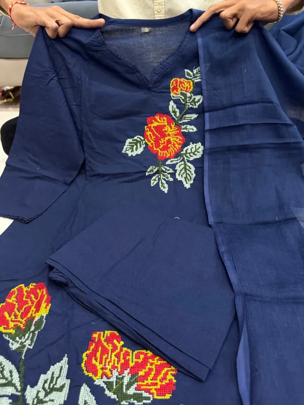 Premium_60x60_Cotton_Rose_Embroidery_Kurti_Pant_Dupatta_Set