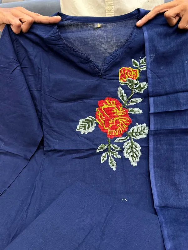 Premium_60x60_Cotton_Rose_Embroidery_Kurti_Pant_Dupatta_Set