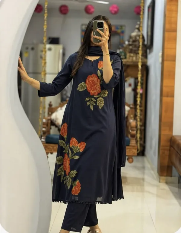 Premium_60x60_Cotton_Rose_Embroidery_Kurti_Pant_Dupatta_Set