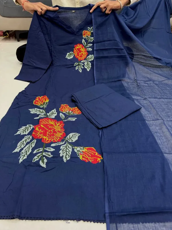 Premium_60x60_Cotton_Rose_Embroidery_Kurti_Pant_Dupatta_Set