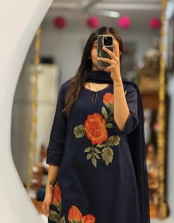 Premium_60x60_Cotton_Rose_Embroidery_Kurti_Pant_Dupatta_Set