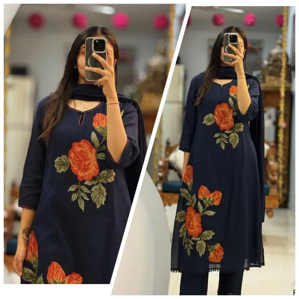 Premium_60x60_Cotton_Rose_Embroidery_Kurti_Pant_Dupatta_Set