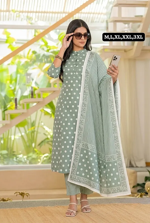Premium_Cotton_Polka_Print_Kurti_Pant_Dupatta_Set