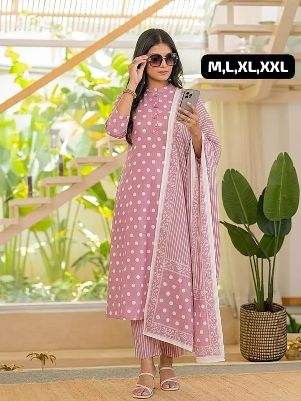 Premium_Cotton_Polka_Print_Kurti_Pant_Dupatta_Set