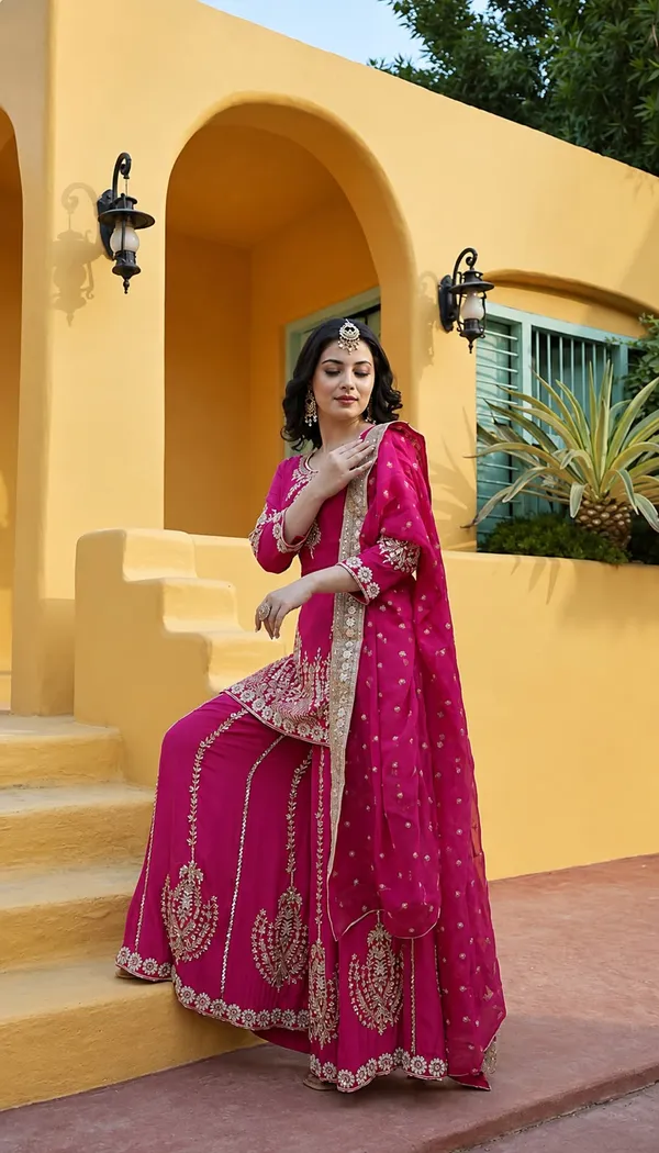Pure_Chinon_Silk_Embroidered_Fancy_Kurti_Plazzo_Dupatta_Set