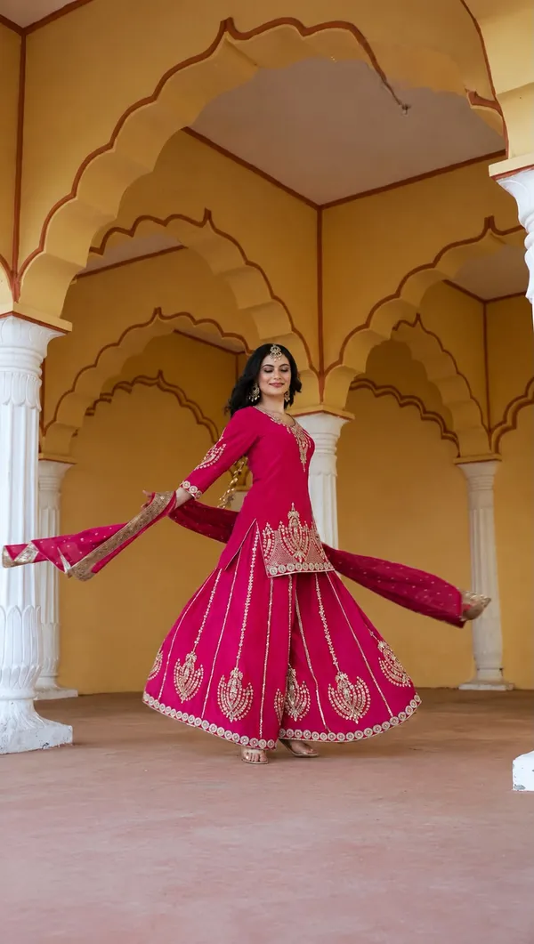 Pure_Chinon_Silk_Embroidered_Fancy_Kurti_Plazzo_Dupatta_Set