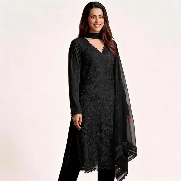 Black_Georgette_Chikankari_Embroidery_Kurta_With_Pant_And_Dupatta_For_Women