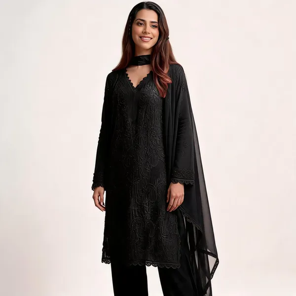 Black_Georgette_Chikankari_Embroidery_Kurta_With_Pant_And_Dupatta_For_Women