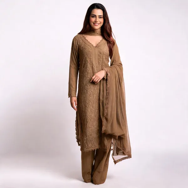 Brown_Georgette_Chikankari_Embroidery_Kurta_With_Pant_And_Dupatta_For_Women