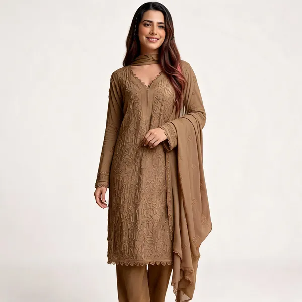 Brown_Georgette_Chikankari_Embroidery_Kurta_With_Pant_And_Dupatta_For_Women