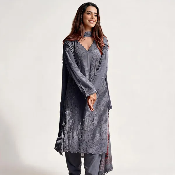 Gray_Georgette_Chikankari_Embroidery_Kurta_With_Pant_And_Dupatta_For_Women