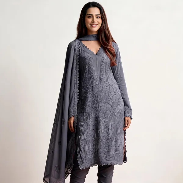 Gray_Georgette_Chikankari_Embroidery_Kurta_With_Pant_And_Dupatta_For_Women