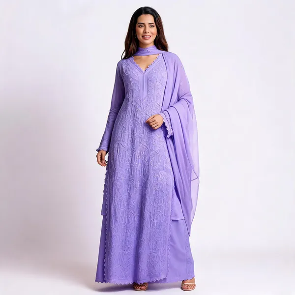 Lavender_Georgette_Chikankari_Embroidery_Kurta_With_Pant_And_Dupatta_For_Women
