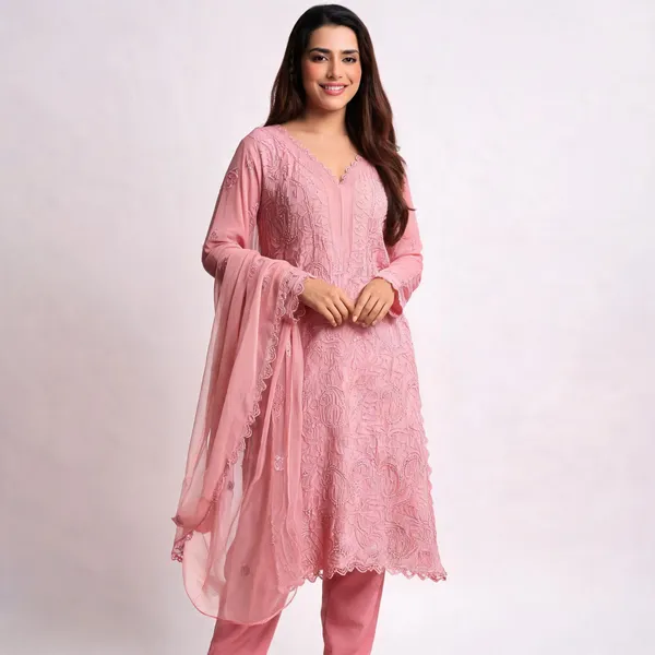 Pastel_Pink_Georgette_Chikankari_Embroidery_Kurta_With_Pant_And_Dupatta_For_Women