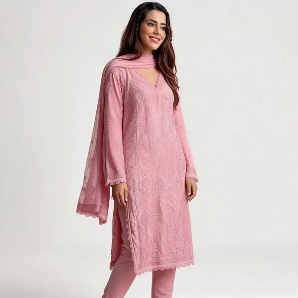 Pastel_Pink_Georgette_Chikankari_Embroidery_Kurta_With_Pant_And_Dupatta_For_Women