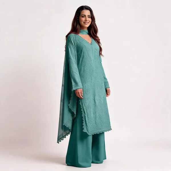 Pastel_Teal_Georgette_Chikankari_Embroidery_Kurta_With_Pant_And_Dupatta_For_Women