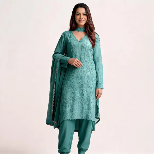 Pastel_Teal_Georgette_Chikankari_Embroidery_Kurta_With_Pant_And_Dupatta_For_Women