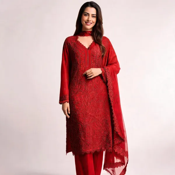 Red_Georgette_Chikankari_Embroidery_Kurta_With_Pant_And_Dupatta_For_Women