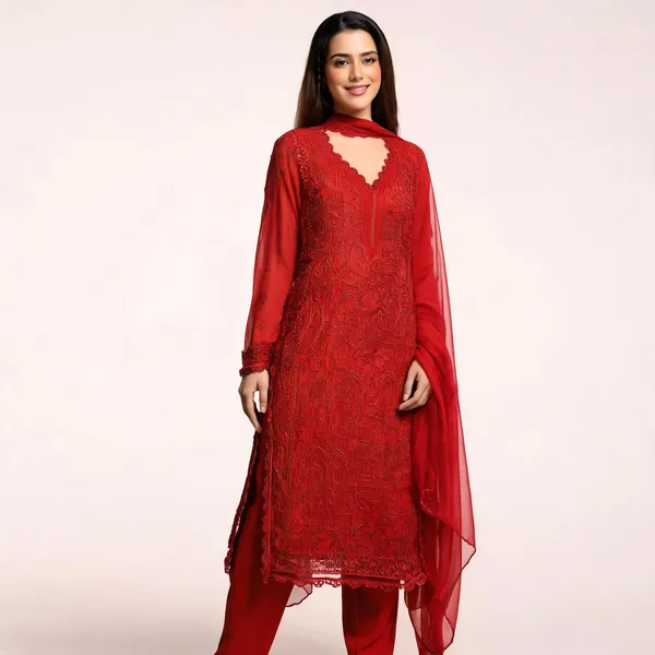 Red_Georgette_Chikankari_Embroidery_Kurta_With_Pant_And_Dupatta_For_Women