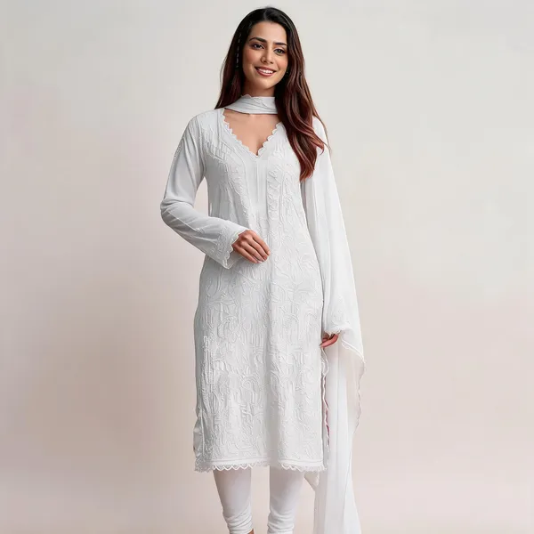 White_Georgette_Chikankari_Embroidery_Kurta_With_Pant_And_Dupatta_For_Women