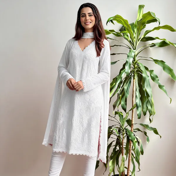 White_Georgette_Chikankari_Embroidery_Kurta_With_Pant_And_Dupatta_For_Women