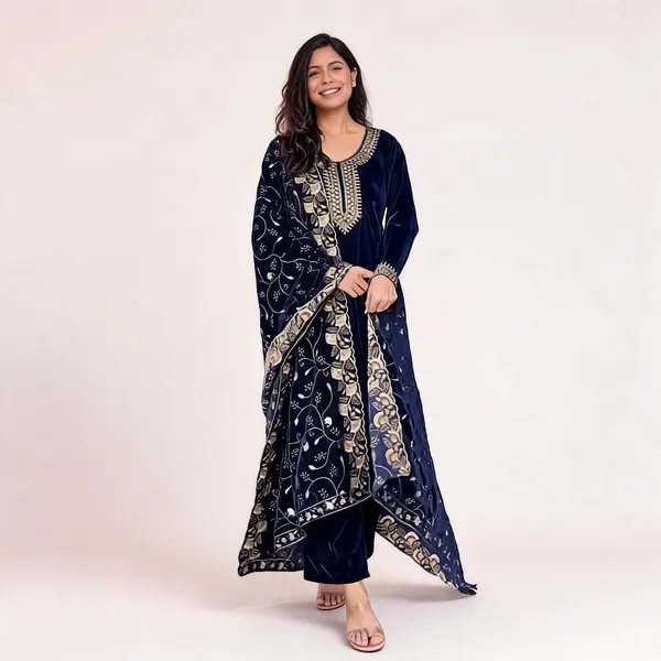 Blue_Midnight_Velvet_Elegance_Embroidered_Kurta_Set_For_Women