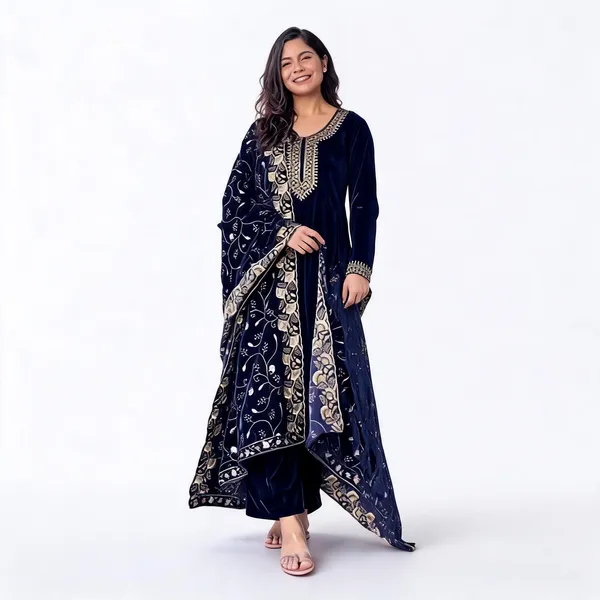 Blue_Midnight_Velvet_Elegance_Embroidered_Kurta_Set_For_Women
