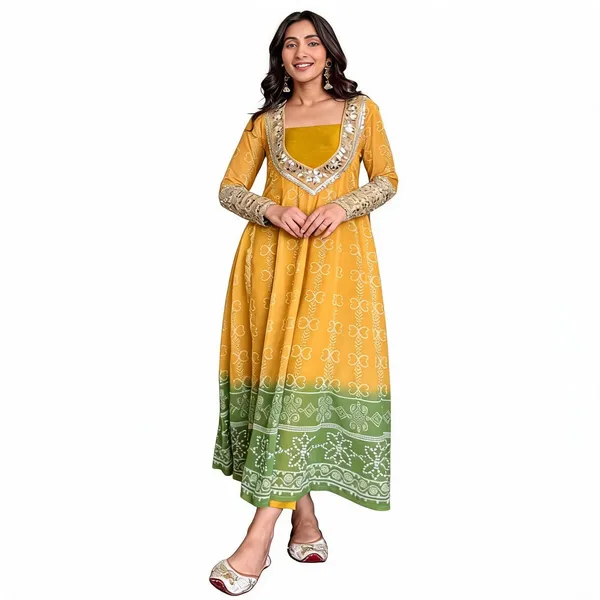 Mustard_Yellow_&_Green_Faux_Georgette_Kurti_Set_With_Mirror_Work_|_3_-_Piece_Festive_Wear