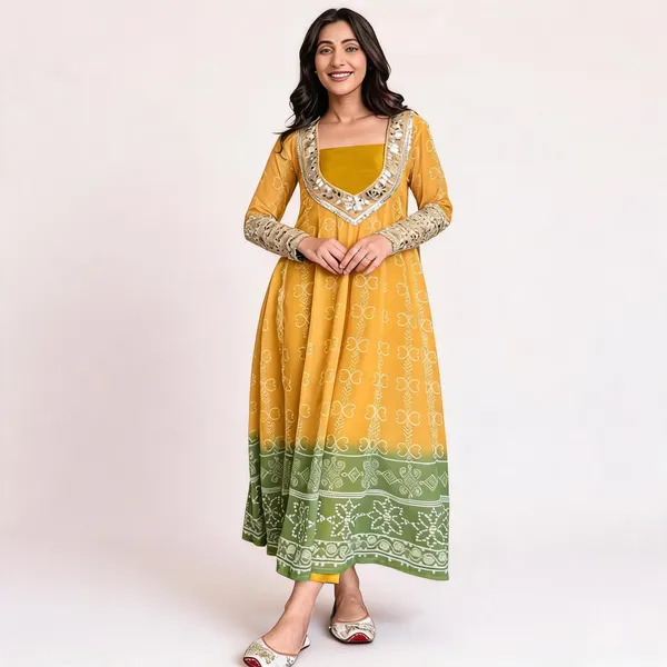 Mustard_Yellow_&_Green_Faux_Georgette_Kurti_Set_With_Mirror_Work_|_3_-_Piece_Festive_Wear