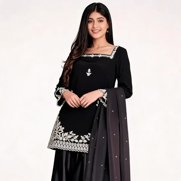 Black_Luxury_Heavy_Crepe_Embroidered_Kurti_Palazzo_Set_with_Tibby_Silk_Dupatta
