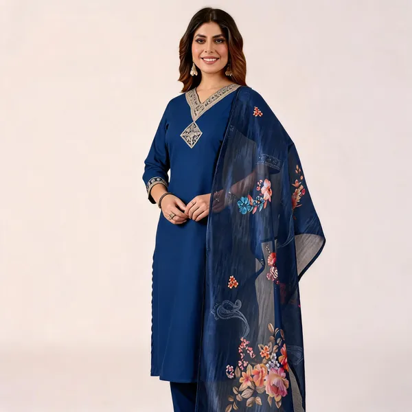 Women芒鈧劉s_Blue_Embroidered_Pure_Cotton_Kurti_Set_with_Pyjamas_&_Dupatta