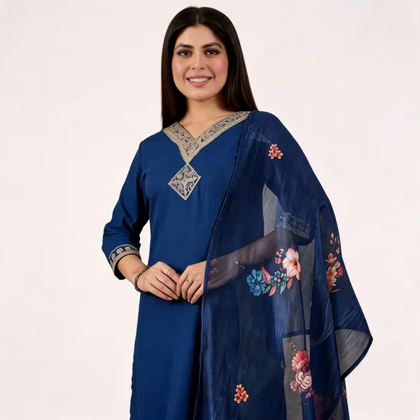 Women芒鈧劉s_Blue_Embroidered_Pure_Cotton_Kurti_Set_with_Pyjamas_&_Dupatta