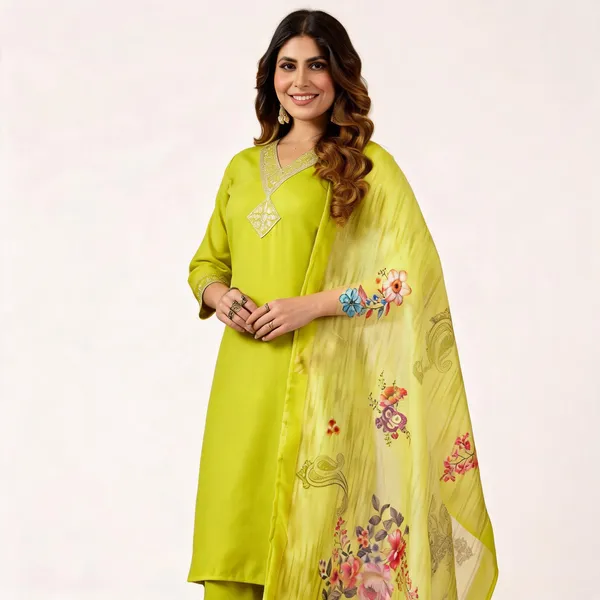 Women芒鈧劉s_Green_Embroidered_Pure_Cotton_Kurti_Set_with_Pyjamas_&_Dupatta
