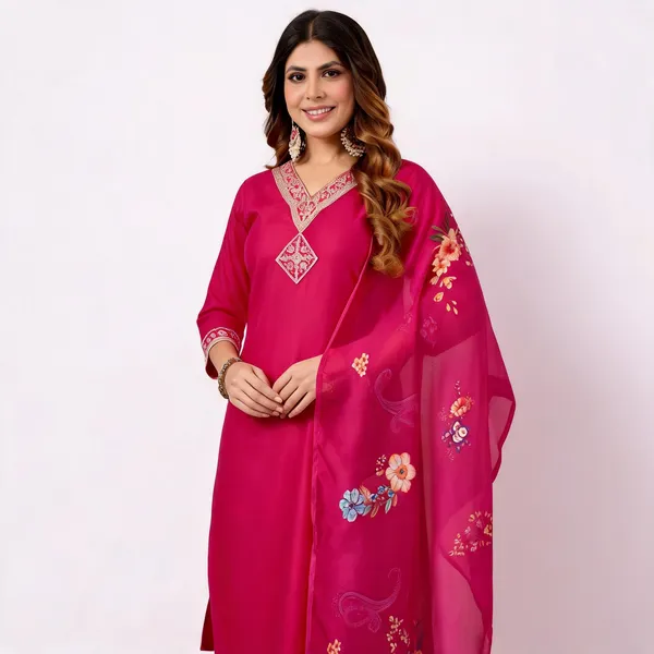 Women芒鈧劉s_Pink_Embroidered_Pure_Cotton_Kurti_Set_with_Pyjamas_&_Dupatta