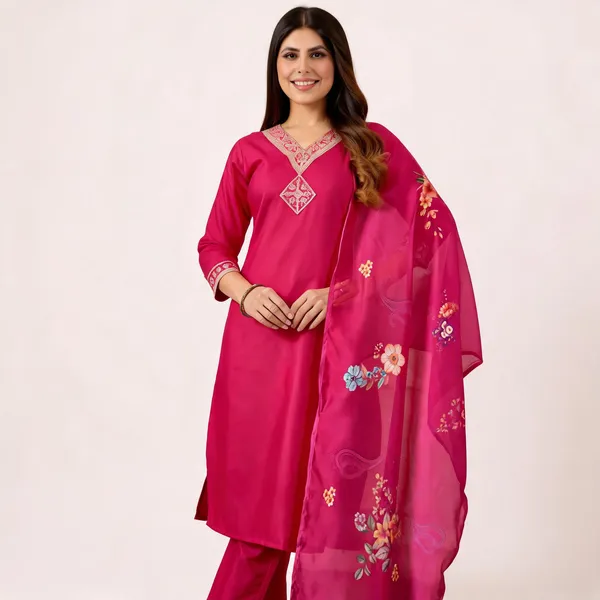 Women芒鈧劉s_Pink_Embroidered_Pure_Cotton_Kurti_Set_with_Pyjamas_&_Dupatta