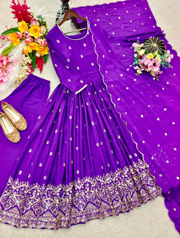 Trending_Cinon_Silk_Gown_Pent_Dupatta_Set