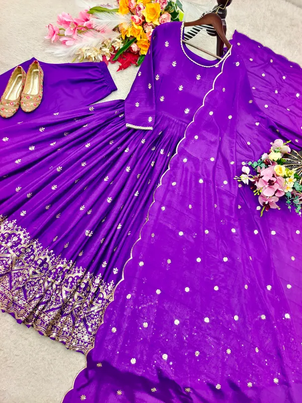 Trending_Cinon_Silk_Gown_Pent_Dupatta_Set