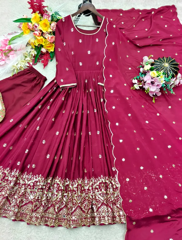 Trending_Cinon_Silk_Gown_Pent_Dupatta_Set