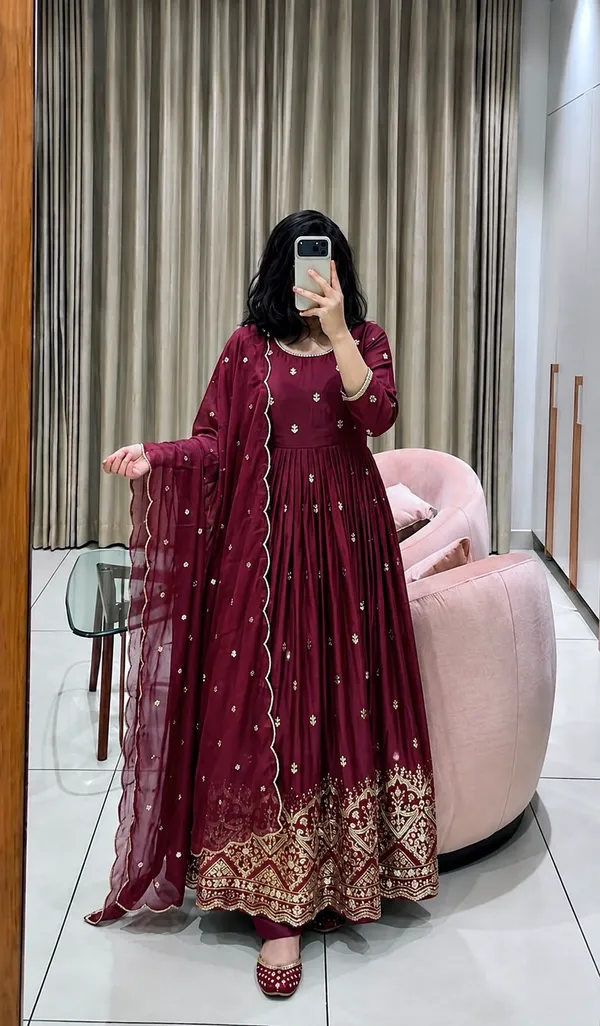 Trending_Cinon_Silk_Gown_Pent_Dupatta_Set